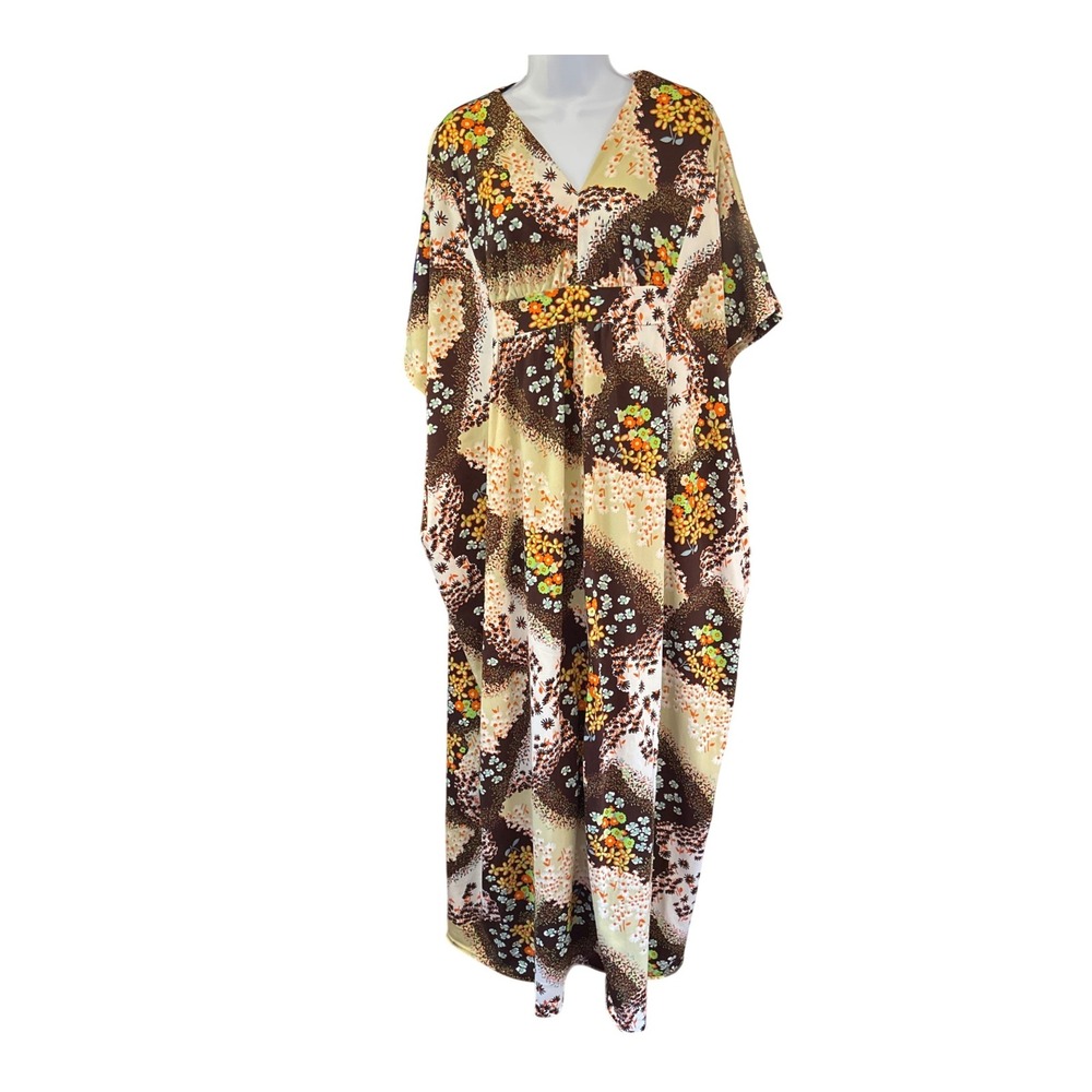 Vintage Boho Floral Caftan Dress 70s Hippie Patchwork Maxi V-Neck Earthy Resort